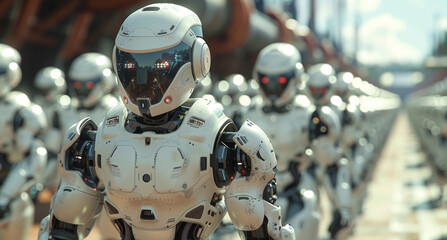 Aufkleber - Several white robots are lined up in a row, standing still and in formation.