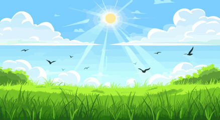 Wall Mural - a grassy field with birds flying in the sky