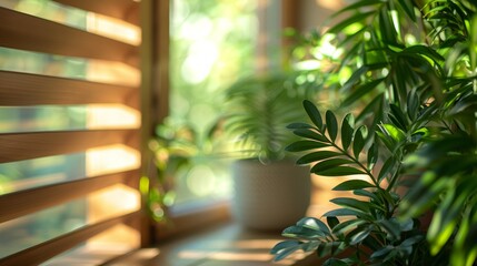 Wall Mural - Serene view of houseplants arranged between wooden slats in a living room.