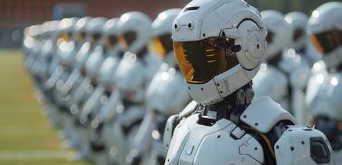 Aufkleber - Several white robots are lined up in a row, standing still and facing the same direction in a uniform manner.
