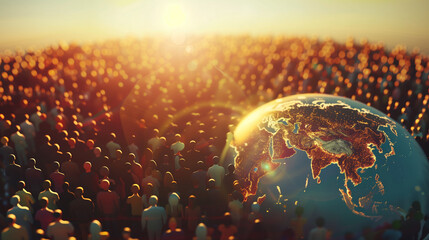 Sunset over a large crowd of silhouetted people with a glowing globe focusing on Asia