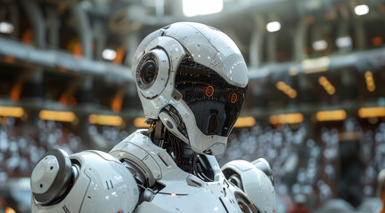 Aufkleber - A white robot is standing in the center of a stadium, surrounded by empty seats.