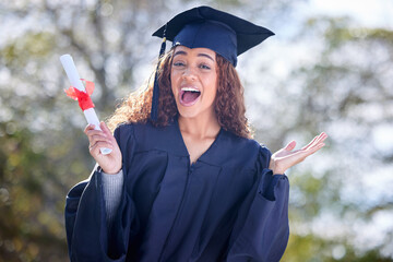 Sticker - Graduation, woman and portrait with pride at college for success, growth and achievement in Brazil. Female student, happy and certificate outdoors for excited, goals and education in university