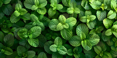 Wall Mural - Mint Leaves in Kitchen Close-Up Essence, Interior Greens Captivating Mint Leaves