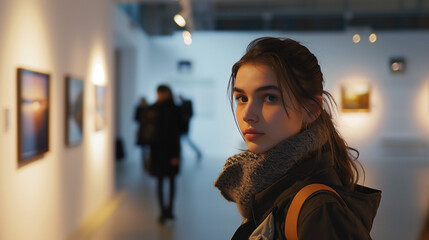 Wall Mural - A young woman in a cozy scarf looks over her shoulder in a bright art gallery