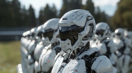 Poster - White robots arranged in a line in an open field.