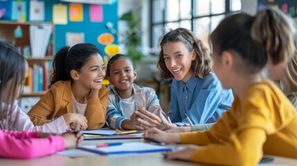 a group of children are seated around a table in a classroom, engaging in various educational activi