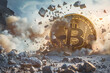 An illustration of a Bitcoin symbol exploding in an urban setting, symbolizing financial disruption or market volatility