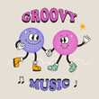 Funny cartoon disco ball characters dancing. Comic elements in trendy retro groove style. Vector illustration