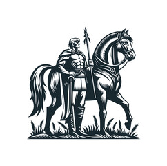 The gothic with horse warrior. Black white vector logo illustration. 