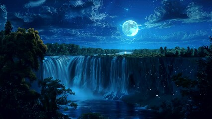 Wall Mural - Moonlit Spectacle: The Serene Beauty of a Mountain Waterfall at Night. Seamless looping time-lapse virtual 4k video animation background