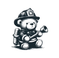 Wall Mural - The teddy bear as firefighter. Black white vector logo illustration. 