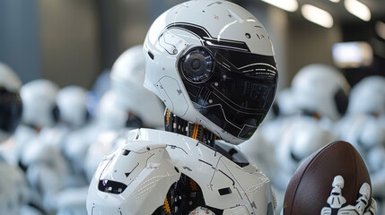 Aufkleber - A detailed view of a futuristic robots head with intricate designs, set against a backdrop of similar units.