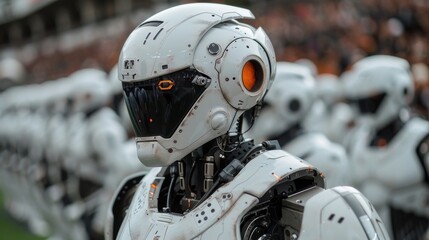 Poster - A group of white robots standing in a straight line, showcasing artificial intelligence and technology advancements.