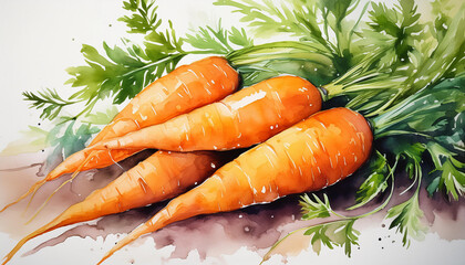 Wall Mural - Watercolor illustration of fresh carrots. Healthy farm vegetable. Vegan, organic food. Hand drawn