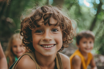 Smiling boy with curly hair and friends in the background enjoying summer outdoors.