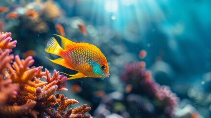 A vibrant tropical fish on a coral reef background