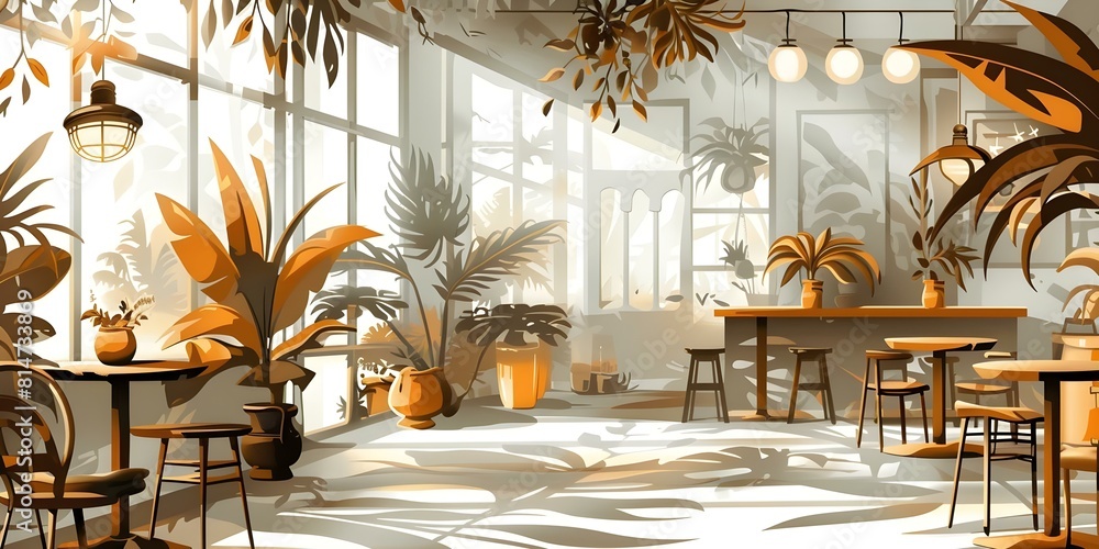 Animestyle cafe background with plants for video game design or ...