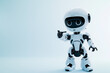 © SANA - robot cyborg, A cute android robot stands against a light blue background, its arm extended and fingers pointing at a copy space, inviting viewers to explore the possibilities