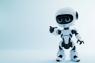 robot cyborg, A cute android robot stands against a light blue background, its arm extended and fingers pointing at a copy space, inviting viewers to explore the possibilities