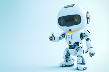 blue robot android, A cute android robot stands against a light blue background, its arm extended and fingers pointing at a copy space, inviting viewers to explore the possibilities