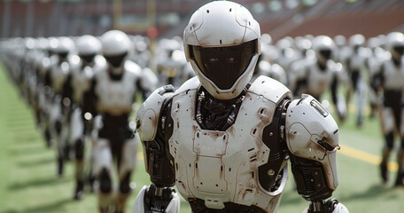 Leinwandbilder - A group of robots lined up in a row, displaying advanced technology and artificial intelligence.
