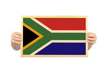 Wall Mural - Hands holding a white frame with South Africa flag, celebration or campaigning concept, banner 