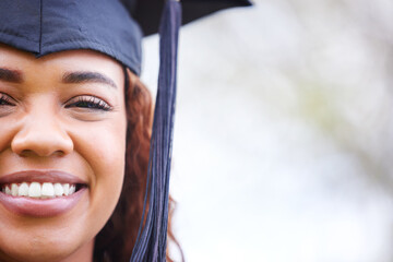 Wall Mural - University, mockup and portrait of happy woman at graduation in park, outdoor campus or event. Confidence, pride and student with certified college education, opportunity or scholarship achievement