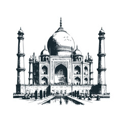 Sticker - The Taj Mahal building of India. Black white vector illustration.
