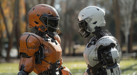 Poster - Two humanoid robots are positioned next to each other in a park, showcasing advanced technology and artificial intelligence.