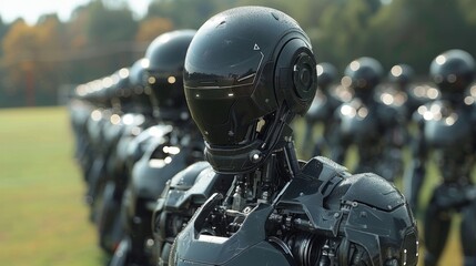 Aufkleber - A row of black robots stands upright in a vast field, showcasing a futuristic and organized sight.