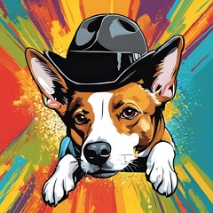 Wall Mural - AI generated illustration of a dog wearing a hat and playing with it