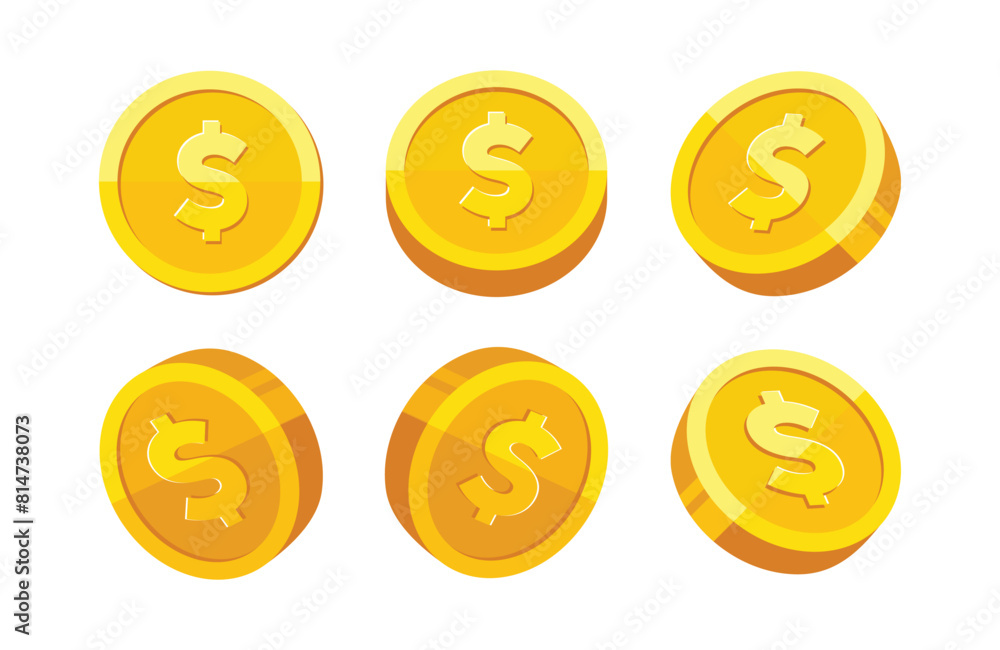 Gold coin with dollar us currency sign rotation vector illustration set ...