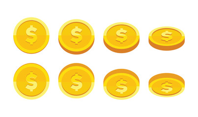 Wall Mural - gold coin with dollar us currency sign rotation vector illustration set isolated on white background