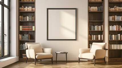 Wall Mural - A mockup of an empty black frame on the wall in a modern reading room with armchairs and bookshelves