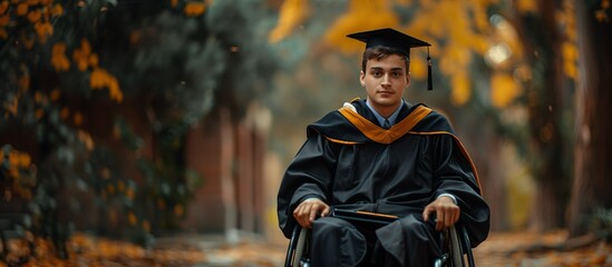 Wall Mural - A portrait of a university graduate student in a wheelchair, wearing a gown, stole, mortarboard, tassel, amidst trees in autumn