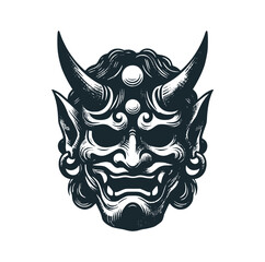 Canvas Print - The hannya japanese mask. Black white vector logo illustration.