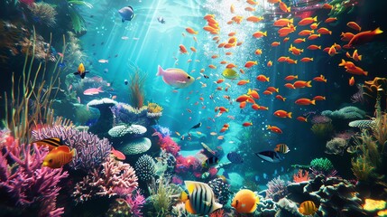 Canvas Print - Underwater world full of life. Colorful fishes swim near a beautiful coral reef.