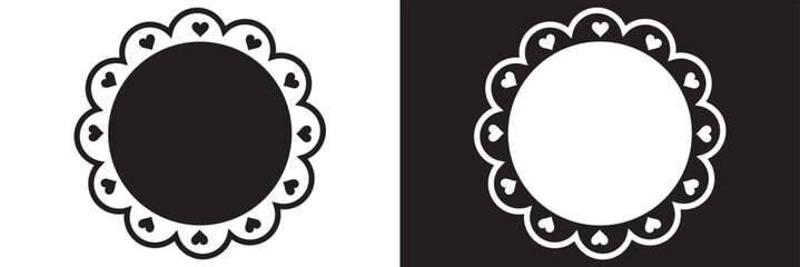 Wall Mural - Circle scalloped frames. Scalloped edge rectangle and ellipse shapes. Simple label and sticker form. Flower silhouette lace frame. Vector illustration isolated on white and black background. EPS 10