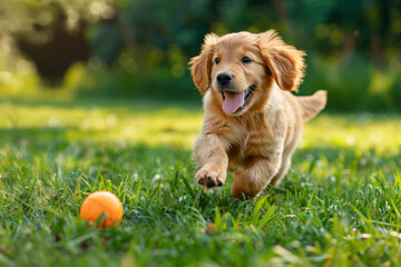 An adorable golden retriever puppy frolicking joyfully in green grass, chasing after a bright ball with boundless energy and enthusiasm. 