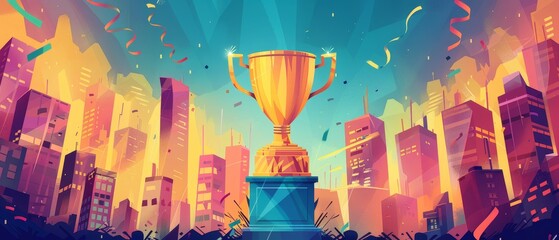 Illustration of a golden trophy against a backdrop of corporate skyscrapers, with streamers flying from the buildings, symbolizing urban business victories