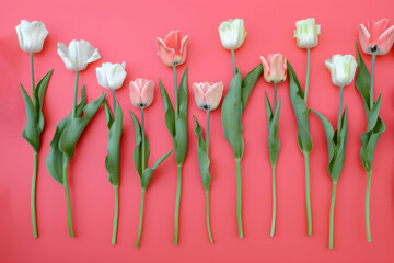 Canvas Print - A row of white and pink tulips are arranged in a line on a red background