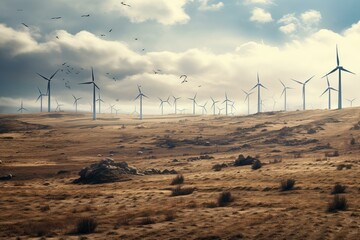 Wall Mural - Renewable energy concept with wind turbines on a landscape during a dramatic sunset