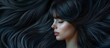 © HikikomorAI - A beautiful caucasian woman showcasing long, smooth, and shiny black hair, advertising hair dye products, hair care, solid color background, copy space.