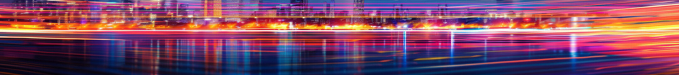 Wall Mural - A blurry image of a city at night with a reflection of the lights on the water