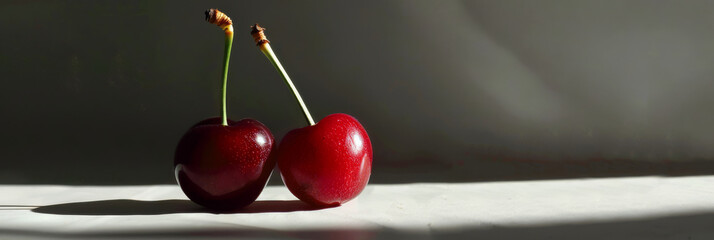 Wall Mural - Two Fresh Cherries Casting Shadows on a White Background