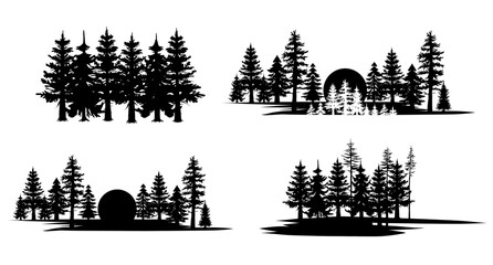 Set of vector hand drawn forest illustrations, line art drawing