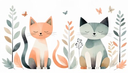 Wall Mural - AI generated illustration of two cats sitting close in a grassy garden