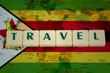 Wall Mural - Zimbabwe flag with travel text, tourism and trip banner, new destination and journey, world map