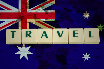 Wall Mural - Australia flag with travel text, vacation in Australia idea, travel abroad concept, tourism and 